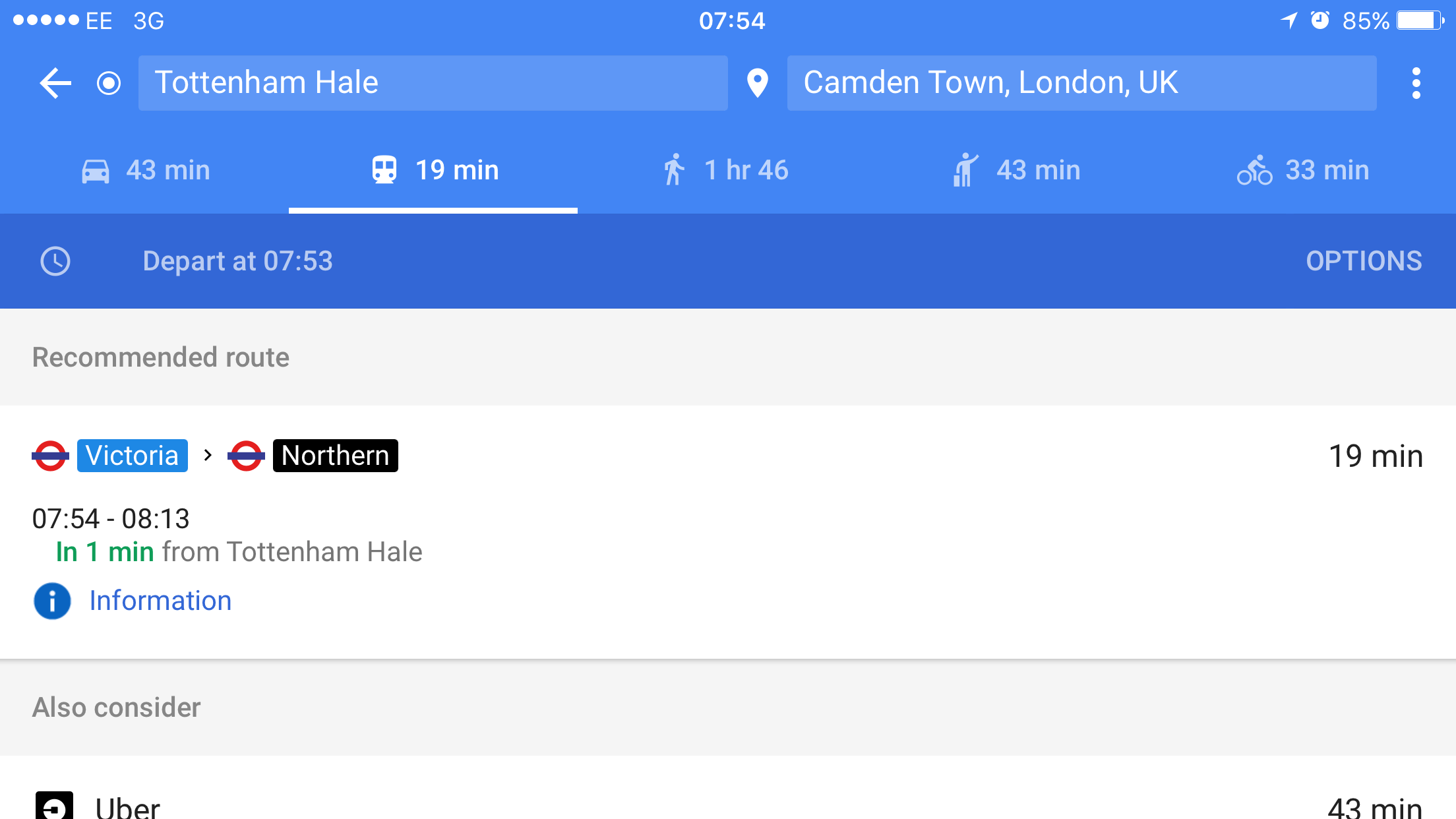 Google Maps tub journeys