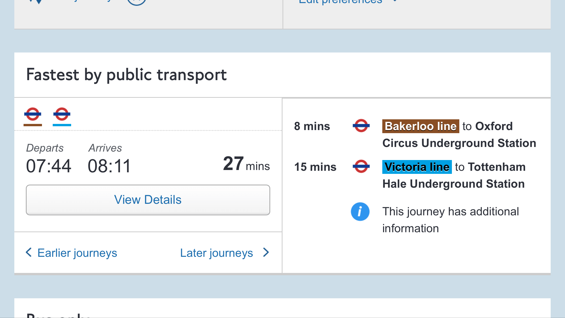 Transport for Londons Journey Planner in landscape
