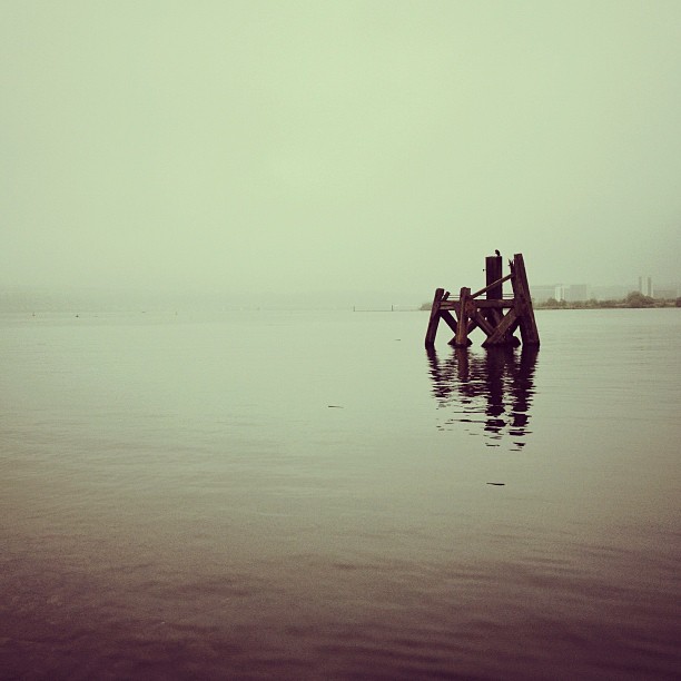 Wood structure stands in the water of Cardiff bay