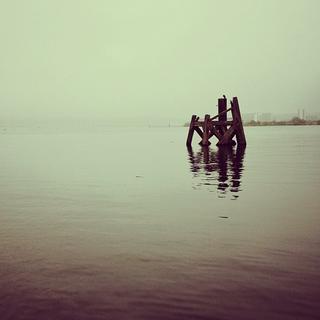 Wood structure stands in the water of Cardiff bay