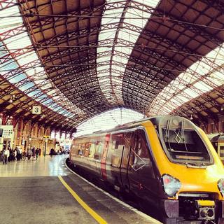 A yellow and purple train waiting at a station underneath a steel canompy