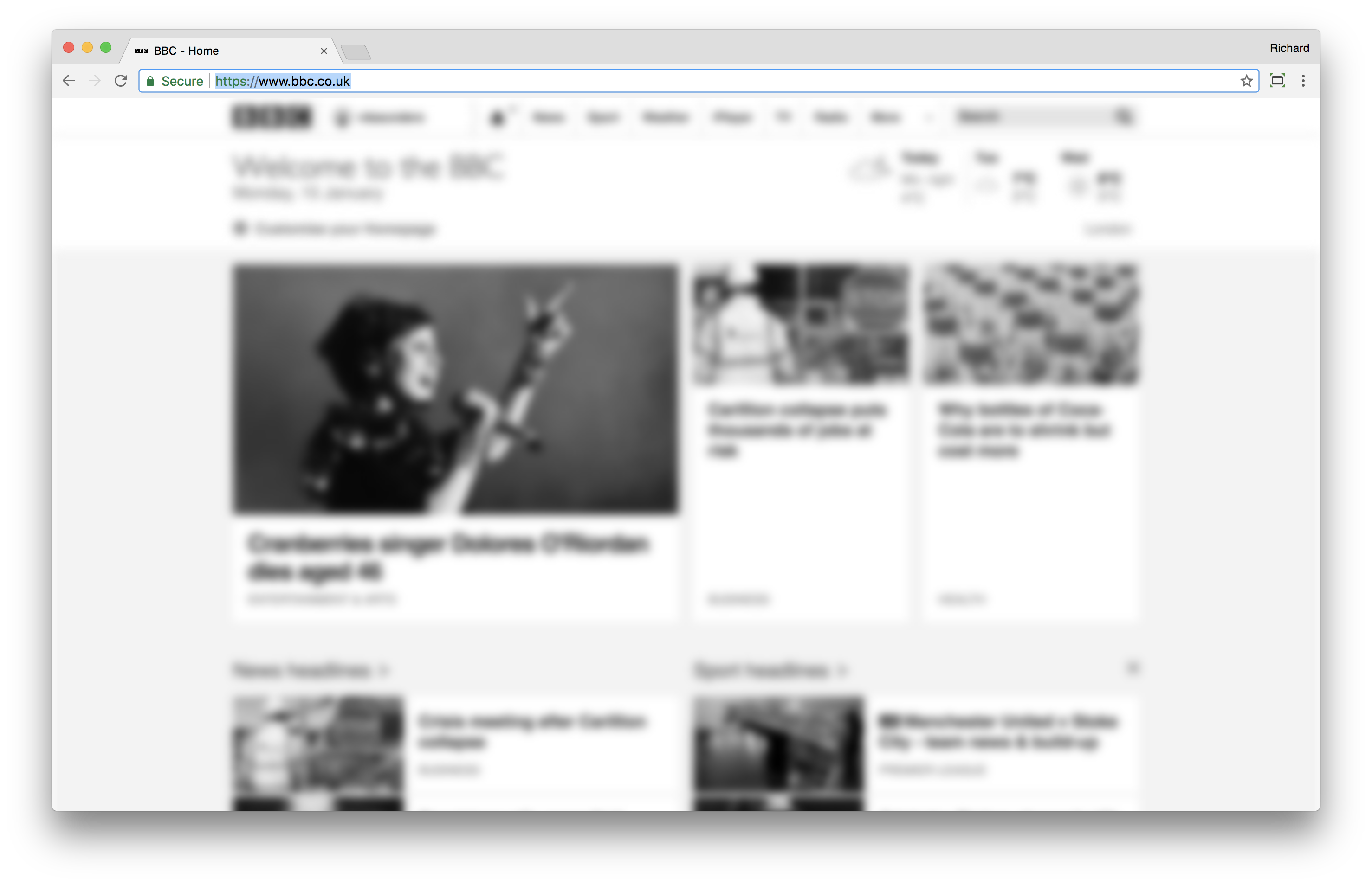 A screenshot of the bbc website converted to grayscale and a blur applied