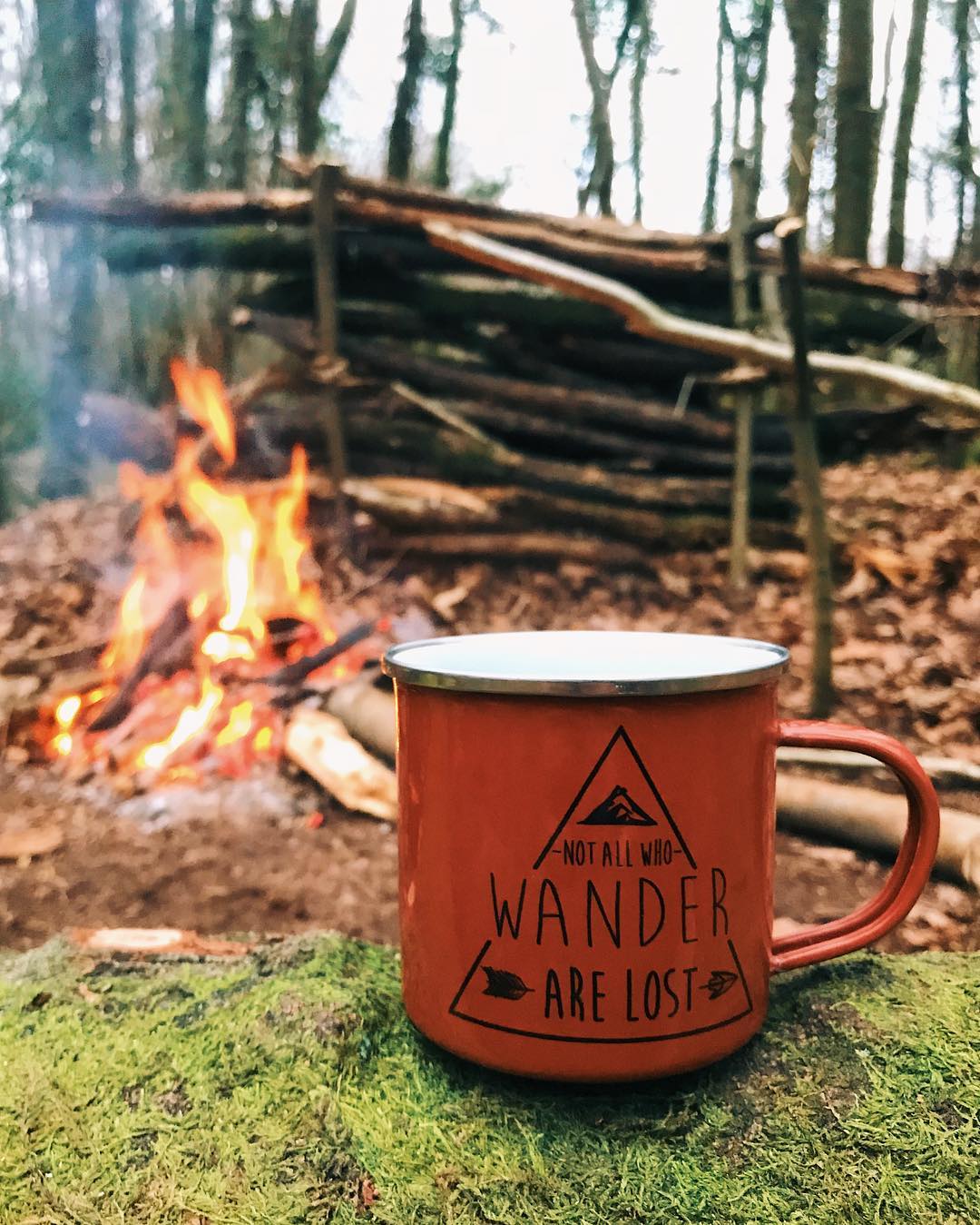 A mug sat on a log in front of a fire in the woods that reads: Not all who wander are lost.