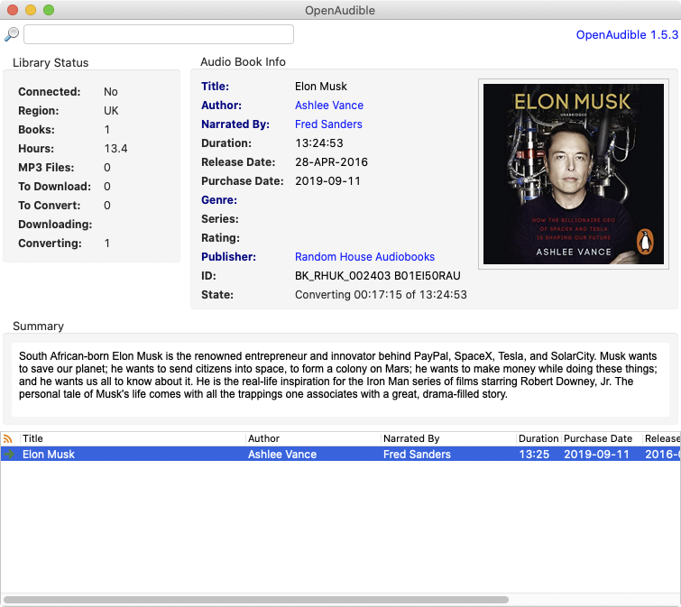 The open Audible interface showing the artwork of Elon Musk’s biography.