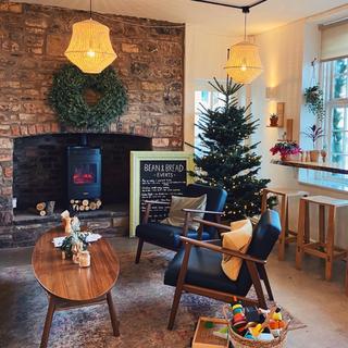 A view of the inside of a coffee shop with a Christmas tree and decorations 