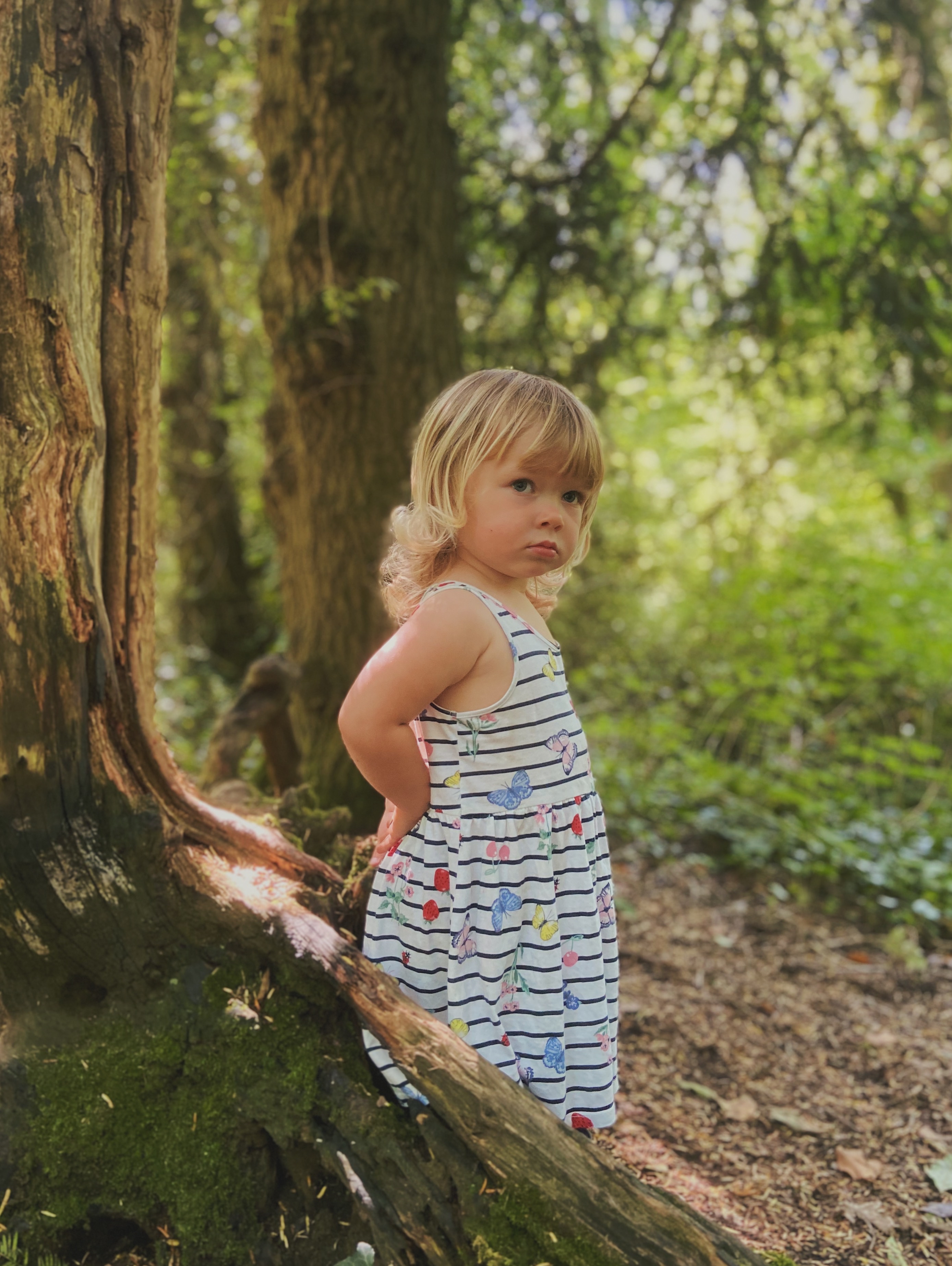 A little girl stands side on in dress and wellies in a wood 