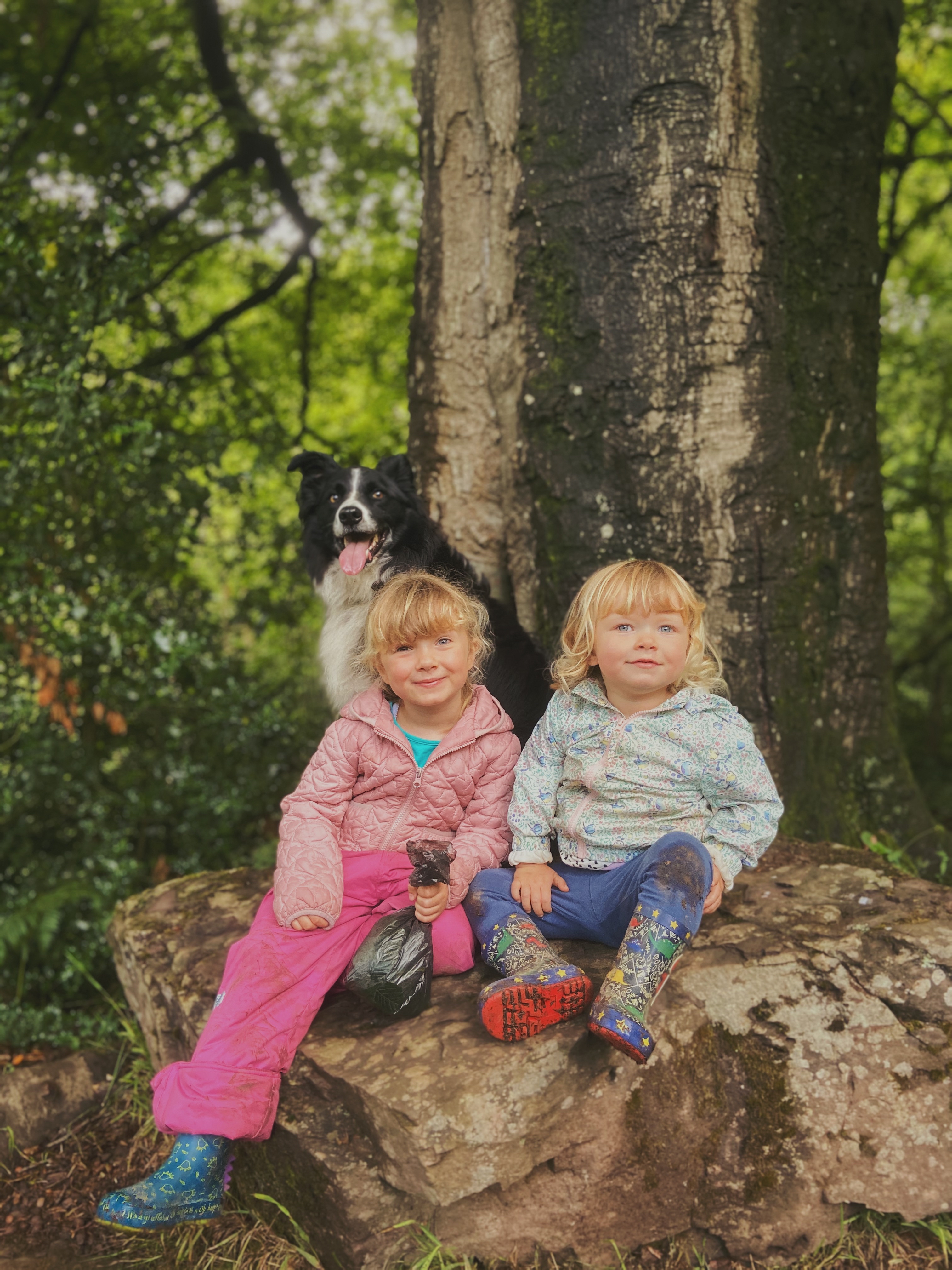 Two girls sat on a large rock with a border collie